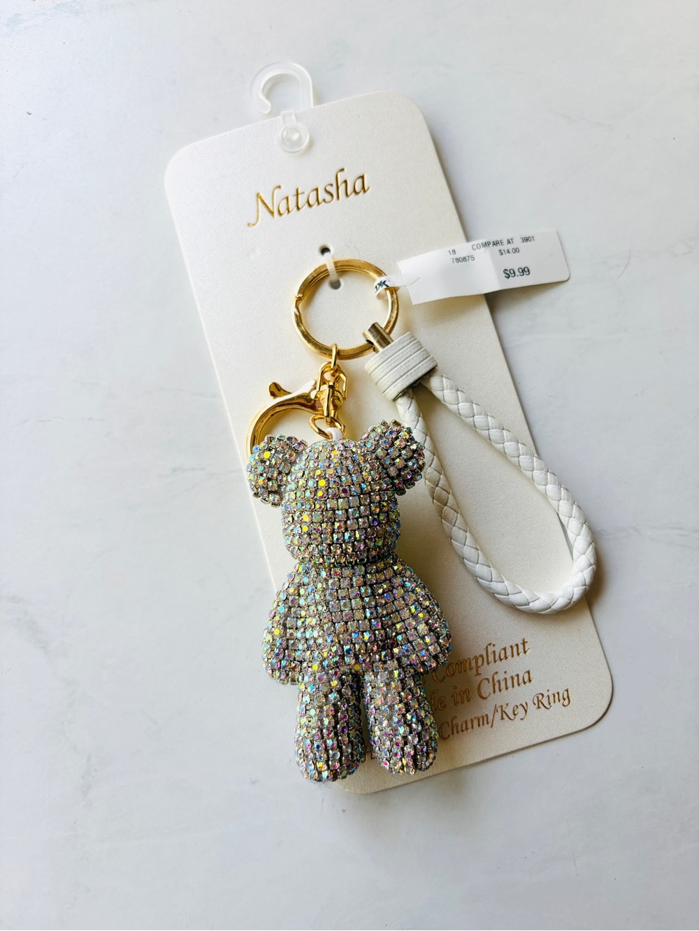 NWT Natasha Iridescent Crystal Bear Keychain with White Braided Strap